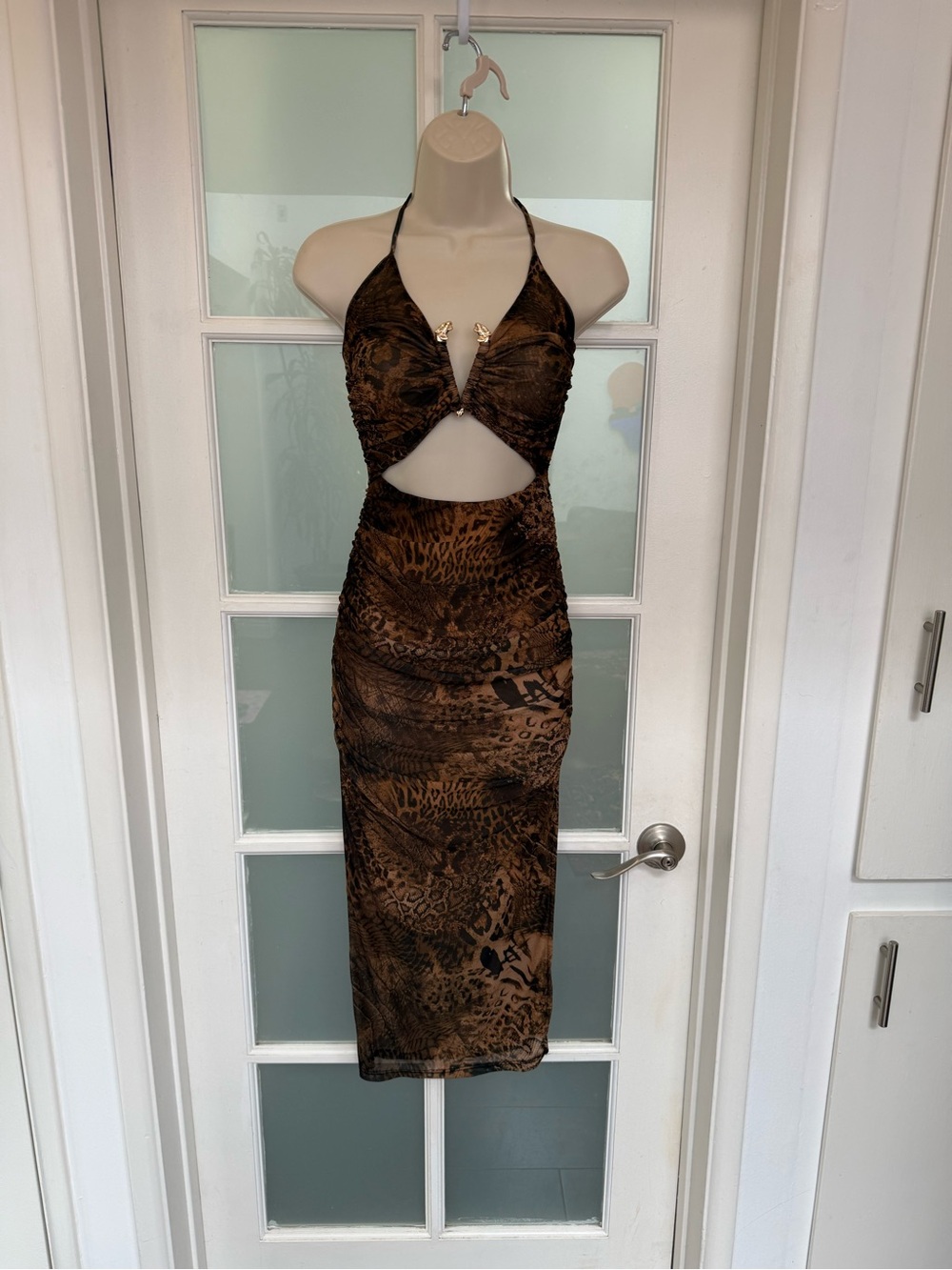 Brown Animal Print Cutout Halter Bodycon Dress